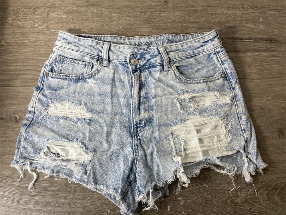 American Eagle Mom Shorts Womens 8 Blue Distressed Ripped Acid